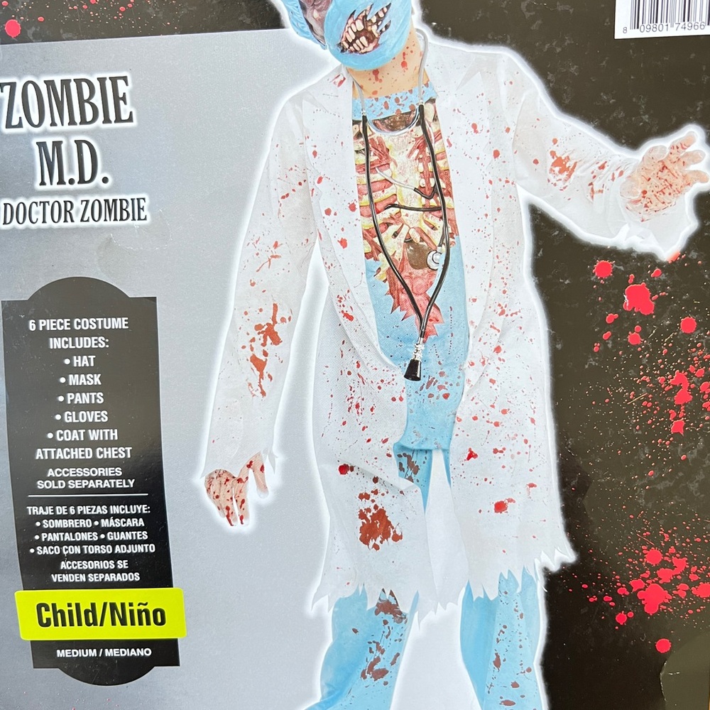 Zombie Doctor Kids Costume with stethoscope no hat Halloweensize M 8-10y - Picture 14 of 15